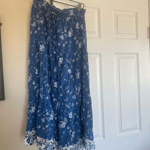 Floral Blue and White Tiered Maxi Skirt